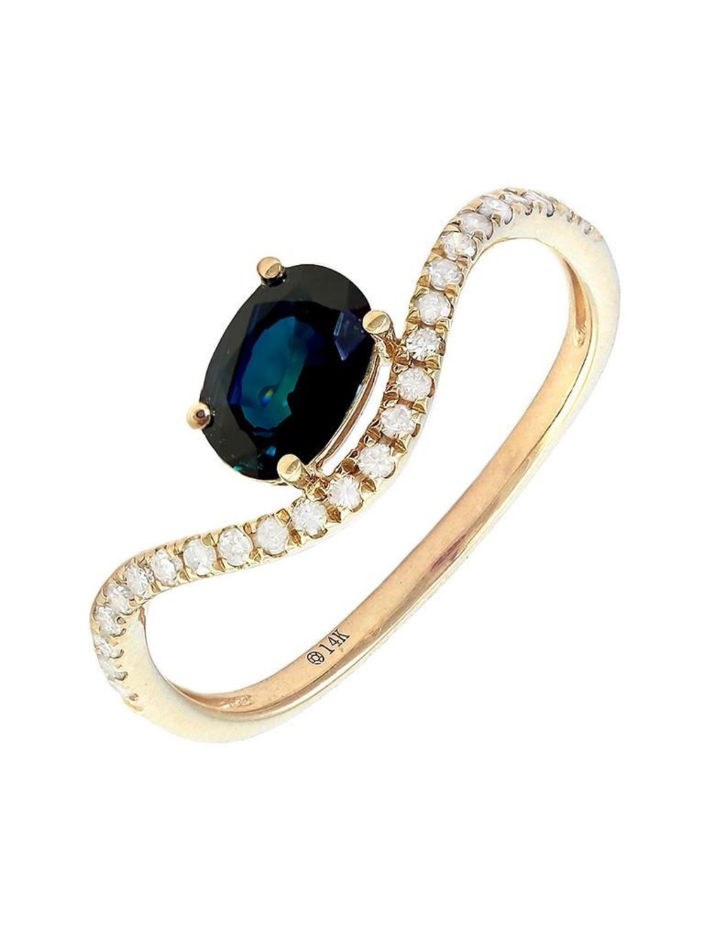14K Real Yellow Gold Oval Prong Sapphire & Diamond Ring 6.5"